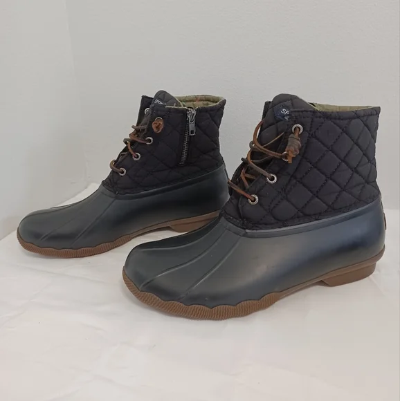 SPERRY  top side black rubber quilted duck boots zip and lace-up  size 9 - Picture 2 of 11